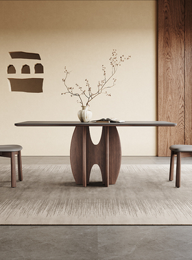 长方形餐桌现代简约侘寂风家用灰色哑光岩板实木餐桌简约家用