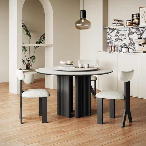 奥古斯特曲奇法式复古风岩板实木餐桌圆形家用意式轻奢带转盘圆桌