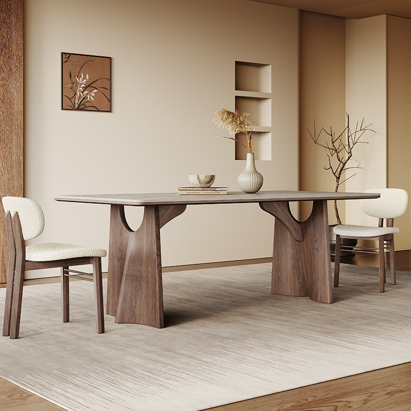 奥古斯特实木岩板餐桌小户型全托胡桃色饭桌长方形洞石岩板餐桌,住宅家具,岩板餐桌,淘宝优惠券,粉丝福利购,淘宝优惠卷