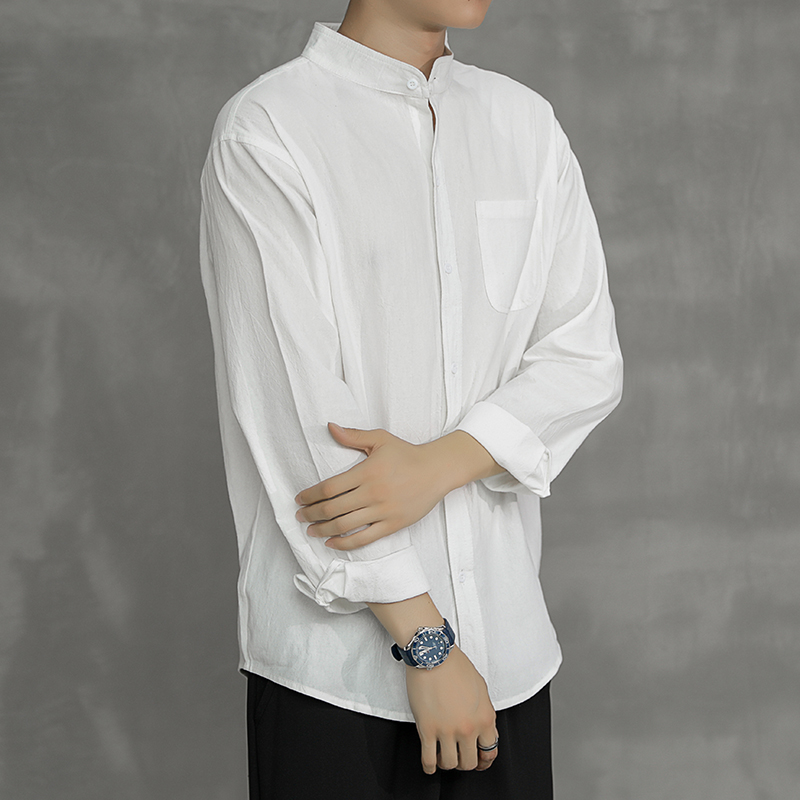 春秋季日系薄款短袖亚麻衬衫男休闲宽松棉麻长袖衬衣外套上衣白色