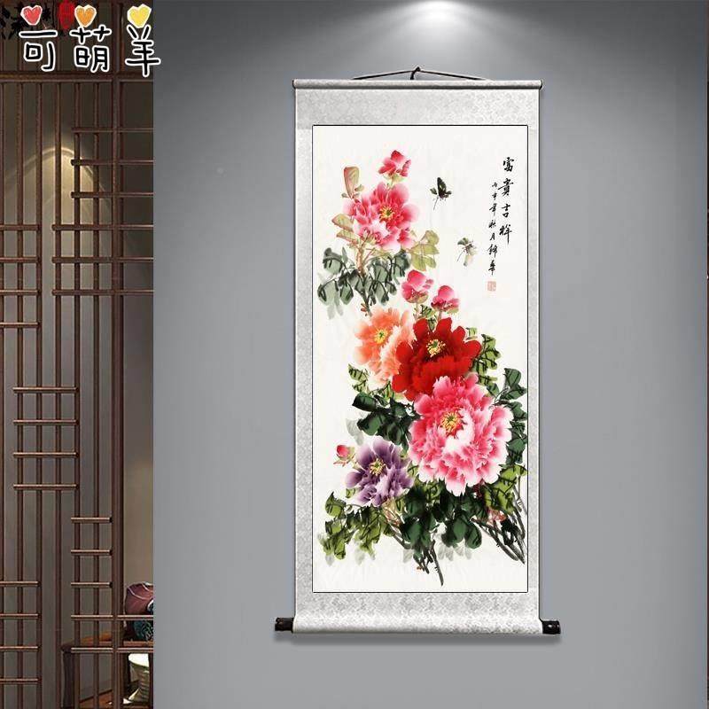 纯手绘画花开富贵丹装客厅玄关装饰挂画中式中堂41390竖轴画卷牡