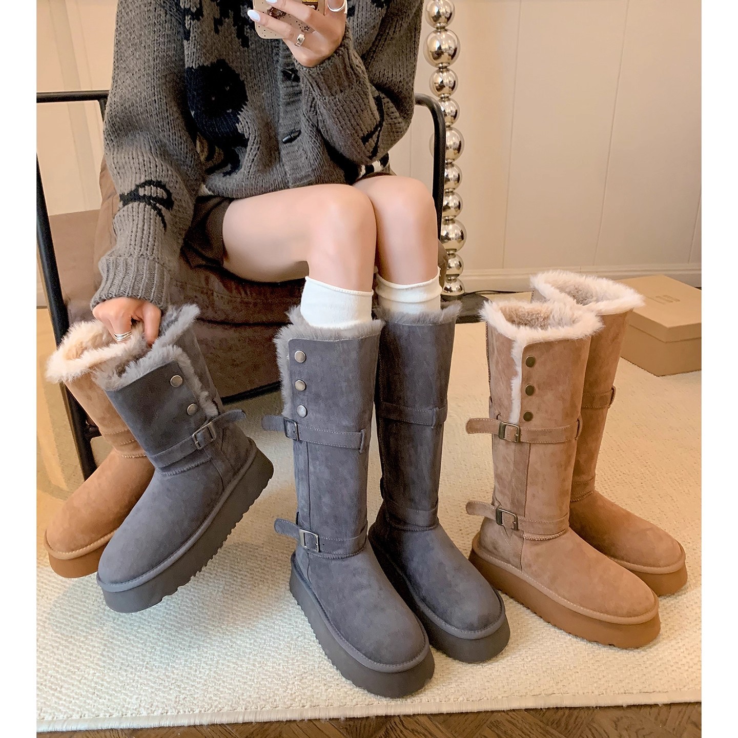 软皮~灰色厚底毛毛保暖雪地靴长筒冬季新款铆钉皮带扣加厚毛棉鞋