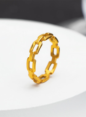 2022年新款欧美跨境简约高级感设计链条戒指镀18k金镂空钛钢戒指