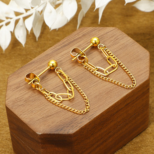 欧美冷淡ins风不掉色流苏双层链条耳钉钛钢镀18K金耳饰厂家批发