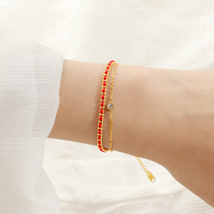 本命年双层单钻红绳手链女钛钢小众中国风叠戴编织手绳时尚红绳女