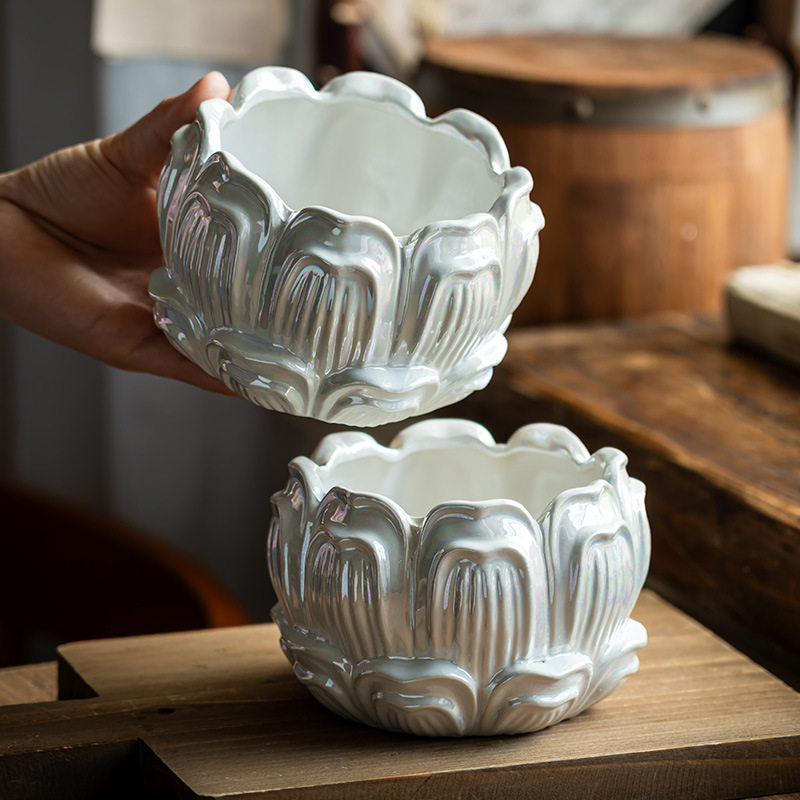 创意莲花设计浮雕陶瓷收纳罐家用高颜值摆件装饰品水果零食罐批发,餐饮具,碗,淘宝优惠券,粉丝福利购,淘宝优惠卷