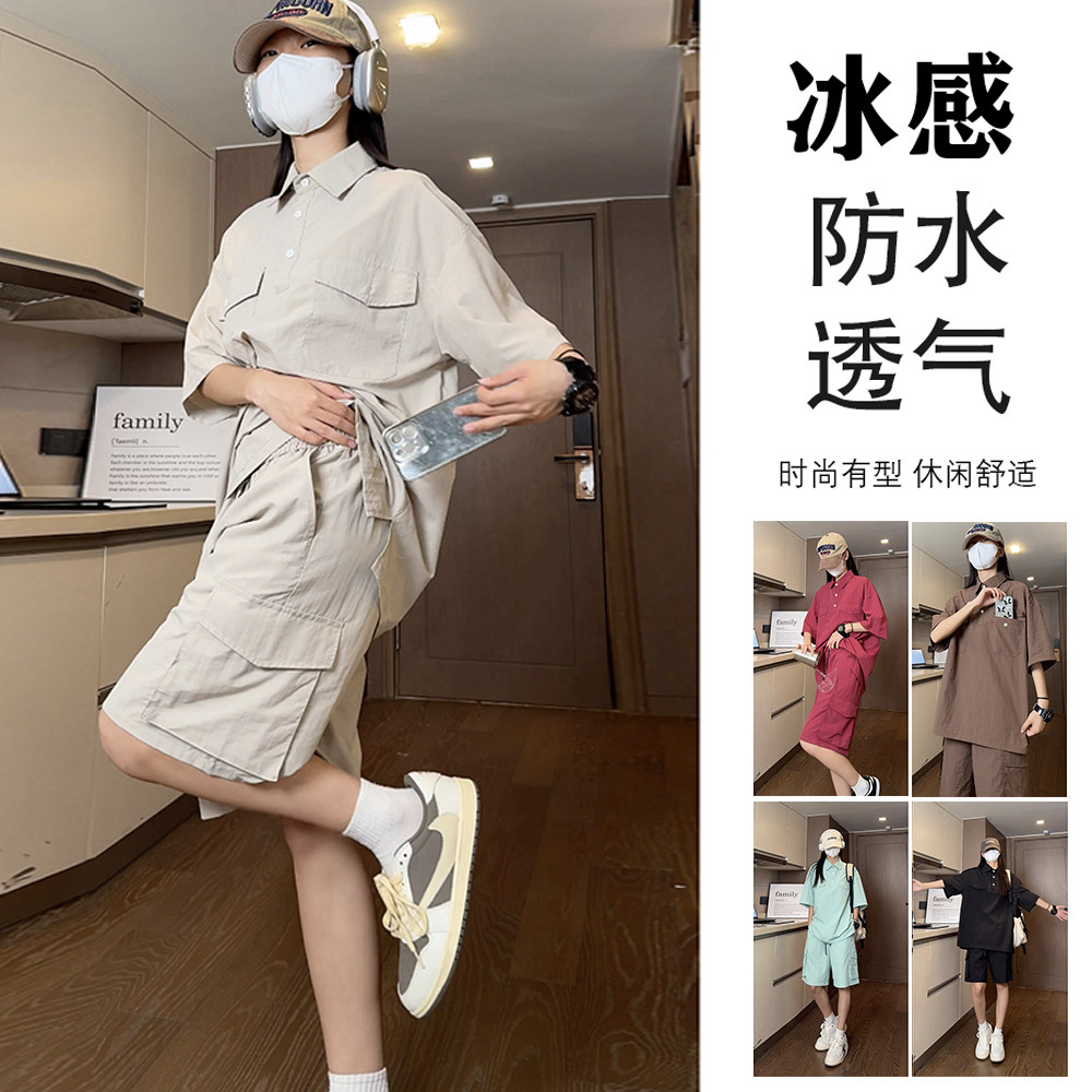 运动套装女生款夏季户外防水速干翻领短袖工装短裤休闲套装