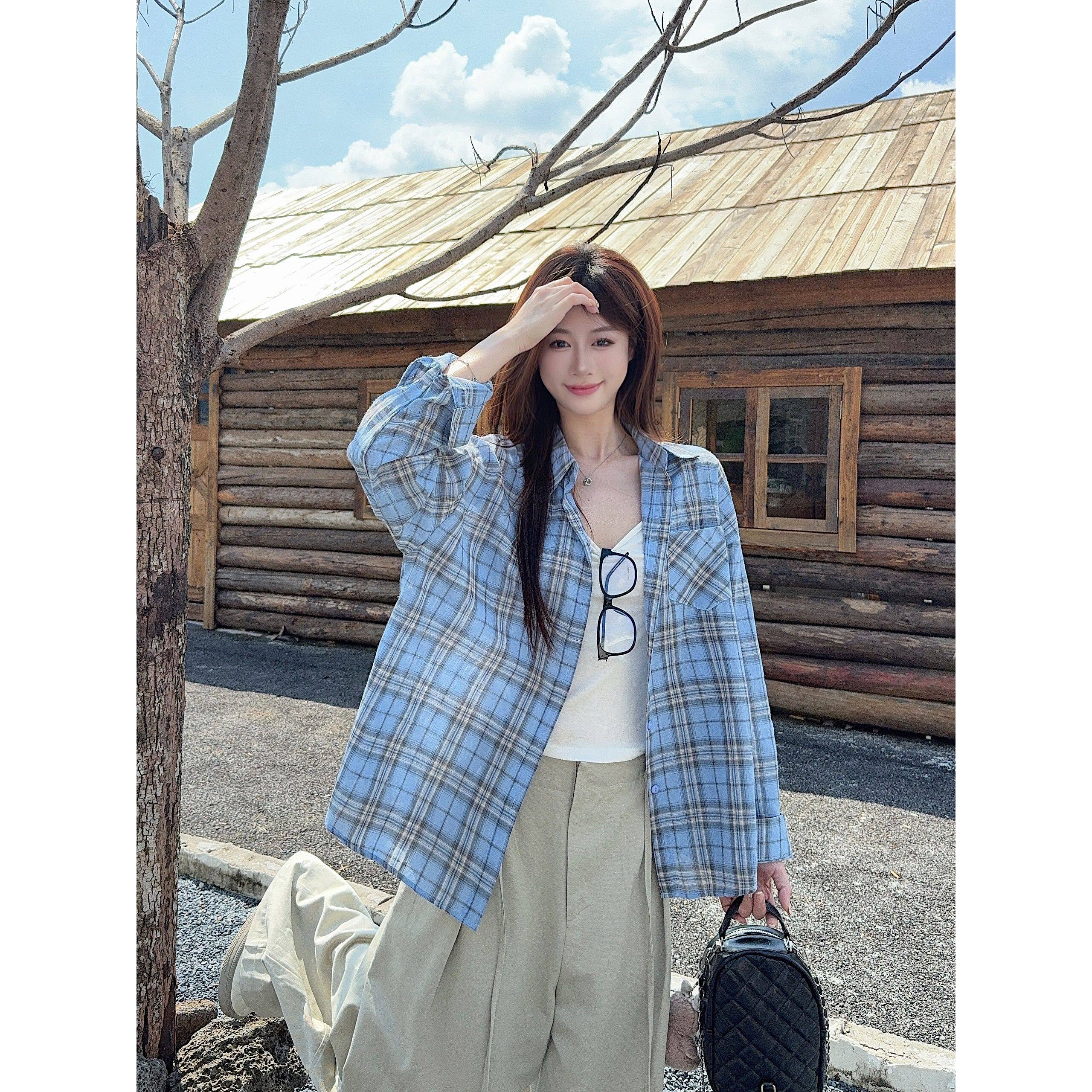 美式复古蓝色格纹衬衫女宽松慵懒风韩系早春穿搭长袖格子衬衣外套