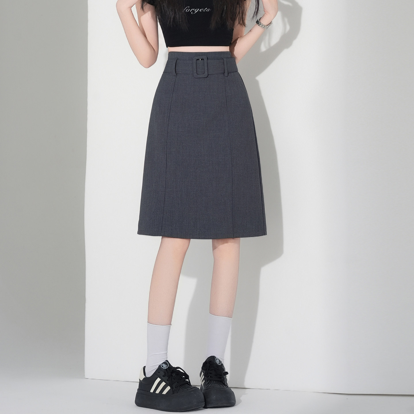 实拍2026春夏新灰色后开叉西装中裙女高腰显瘦包臀a字半身直筒裙