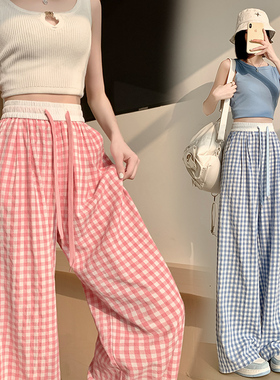 实拍薄款高腰女格子黑白阔腿裤休闲松紧拖地长裤复古宽松百搭垂感