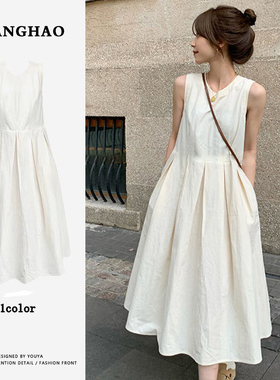 下拉链：韩系新款女装茶歇法式白色无袖连衣裙小个子显瘦背心裙子