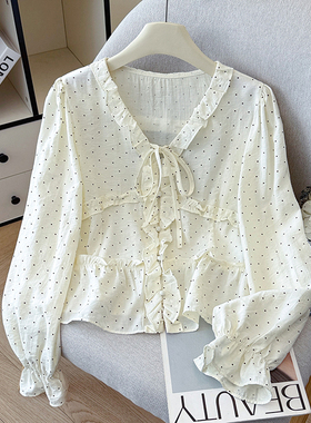 2026春新款韩版洋气时尚荷叶边设计小众雪纺蝴蝶结波点长袖衬衫女