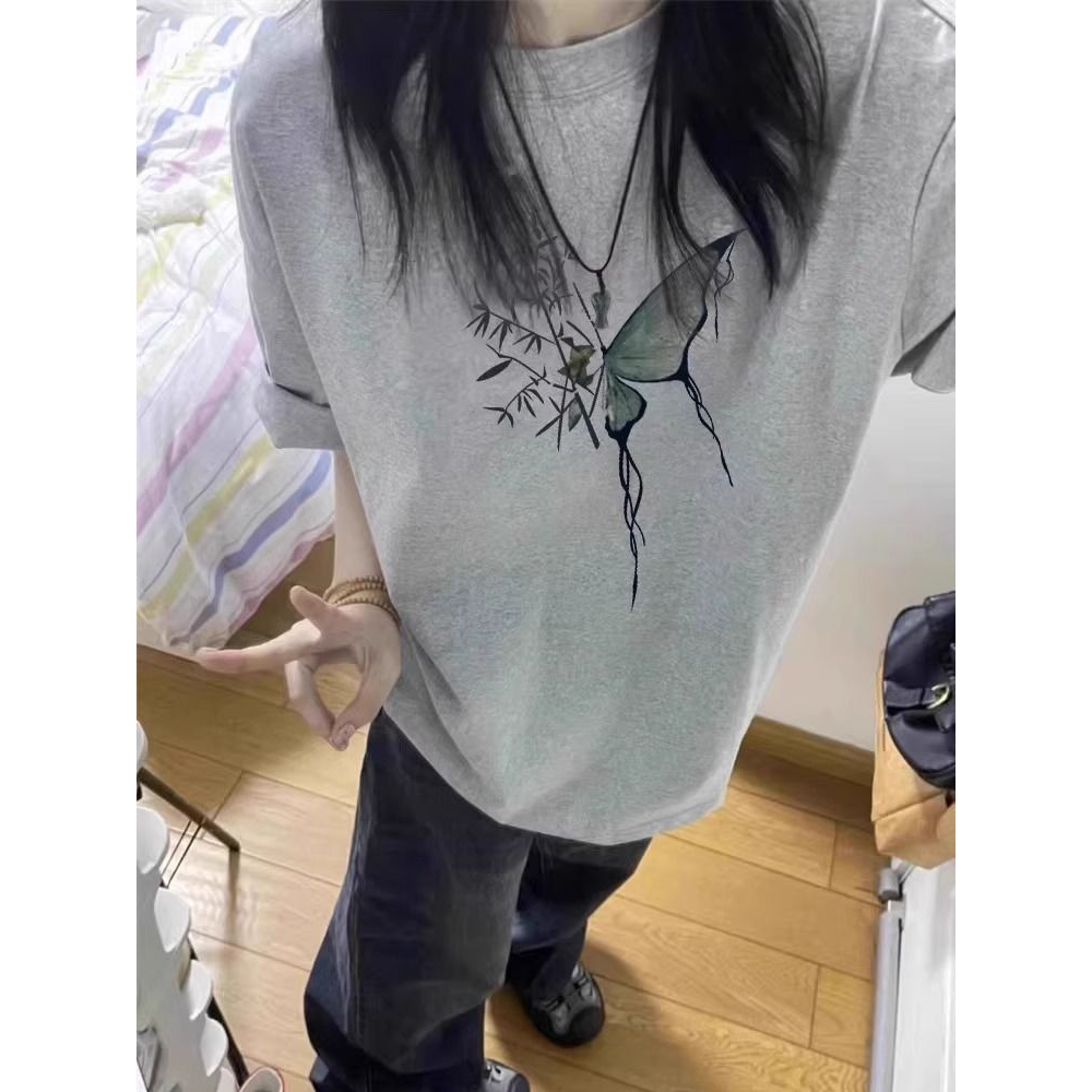 100%纯棉灰色复古短袖t恤女夏季设计感小众美式潮牌宽松半袖上衣