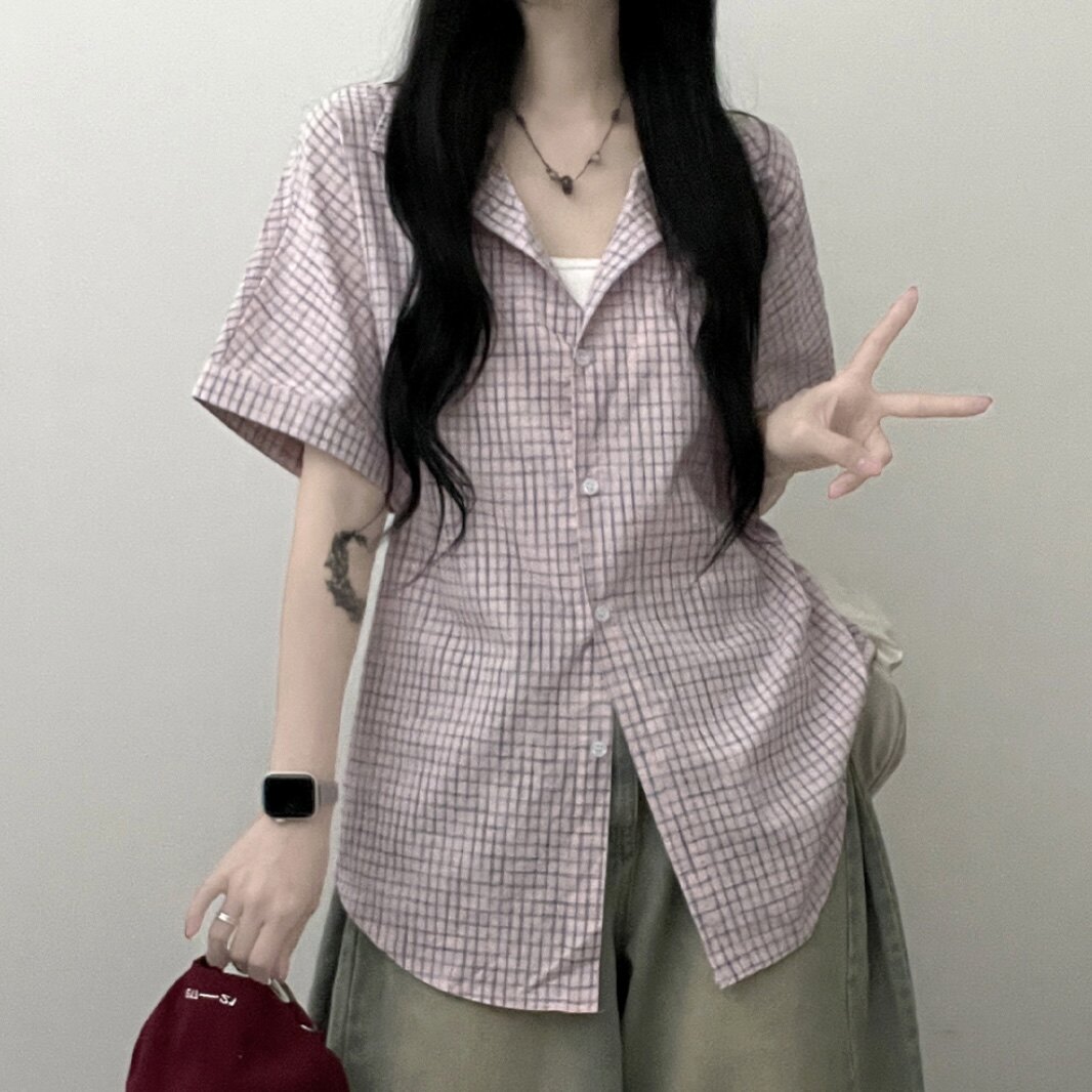 韩国chic格子宽松短袖衬衫已出货