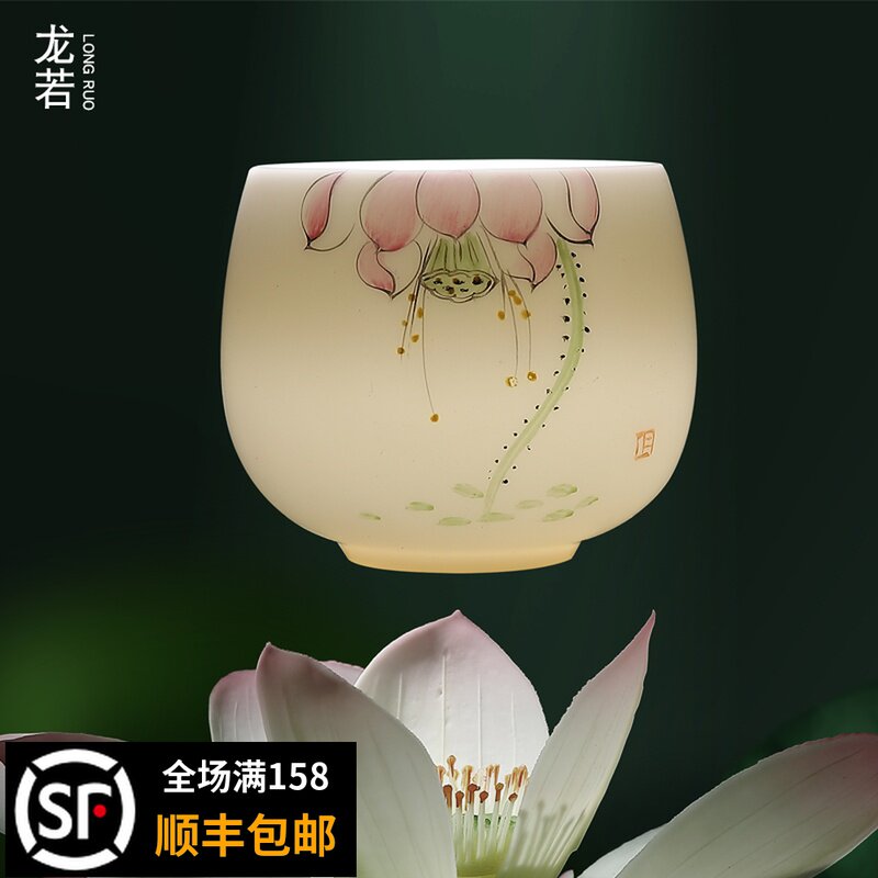 主人杯茶杯羊脂玉白瓷手绘功夫茶具送礼高端品茗杯陶瓷个人单杯子