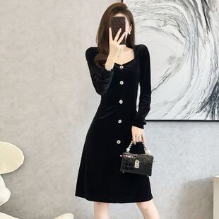 大码女装秋冬装新款赫本风法式复古黑色胖mm金丝绒修身气质连衣裙