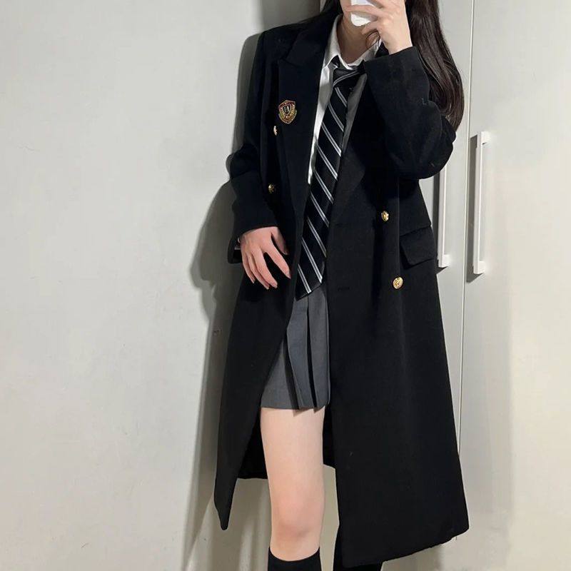 原创校供JK制服大衣女秋冬学院风双排扣中长款小个子黑色毛呢外套