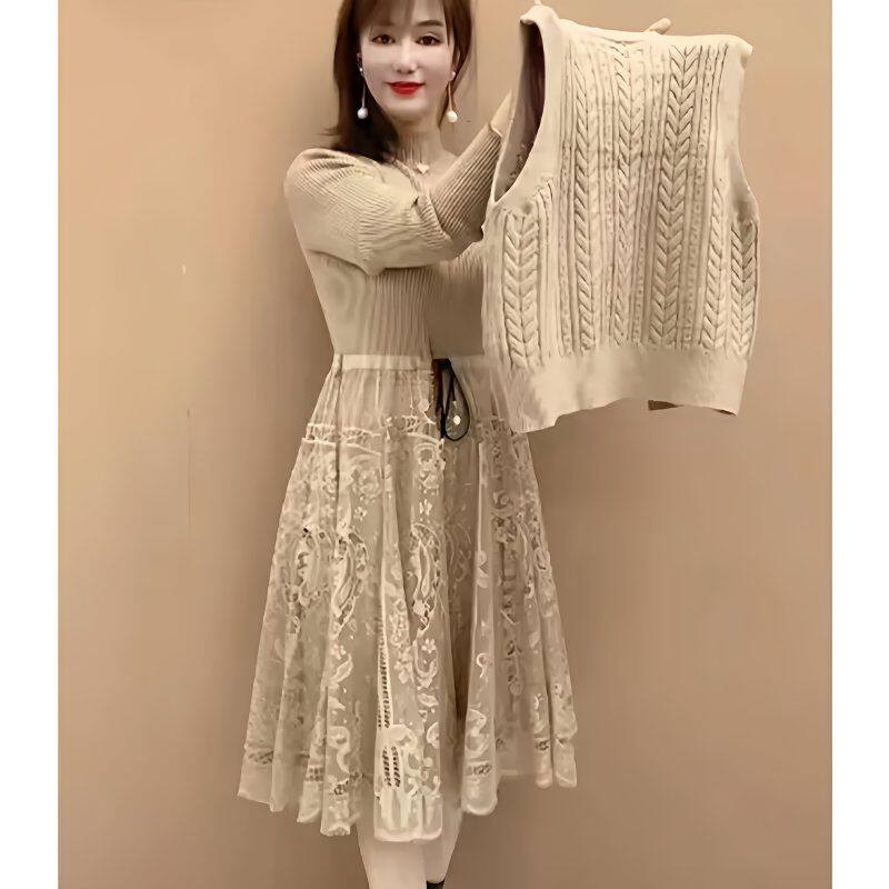 秋冬新款拼接马甲中长款针织连衣裙两件套宽松显瘦套装蕾丝过膝裙
