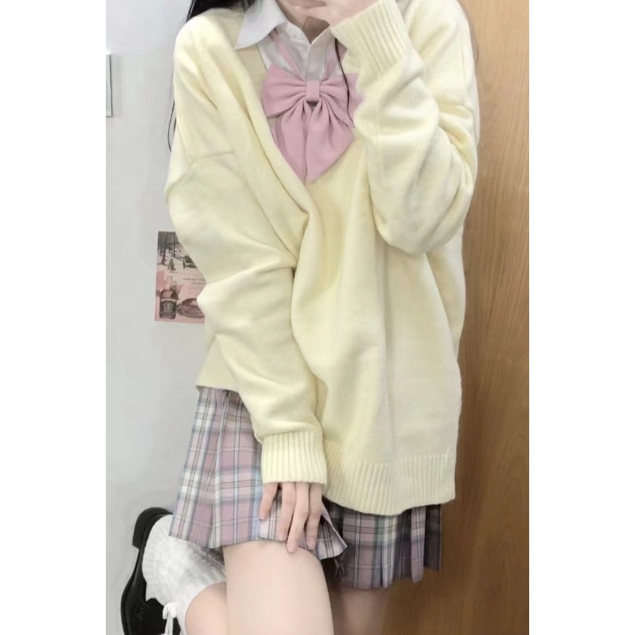 原创正版jk制服全套学院风秋冬宽松毛衣开衫长袖衬衫格裙学生套装