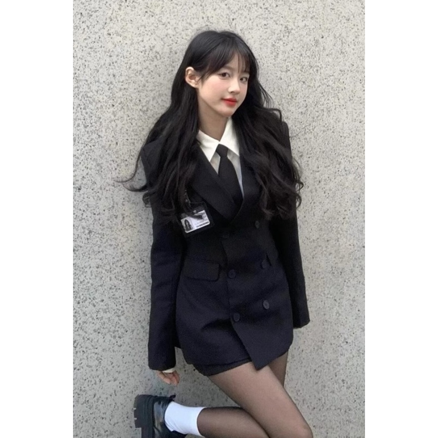 韩系学院风黑色西装jk制服套装女秋冬新款小个子显瘦半身裙两件套