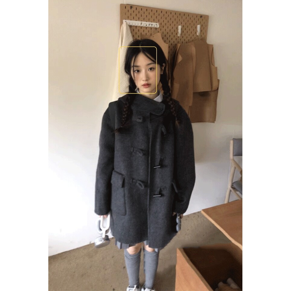 灰色牛角扣毛呢外套女2026秋冬新款韩系小个子赫本风连帽呢子大衣