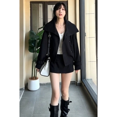 复古设计感黑色风衣外套女2026秋季新款巨好看小个子宽松短款外套