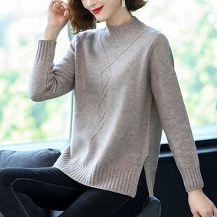 羊毛衫女装秋冬季半高领套头内搭厚毛衣开叉打底衫宽松短款针织衫