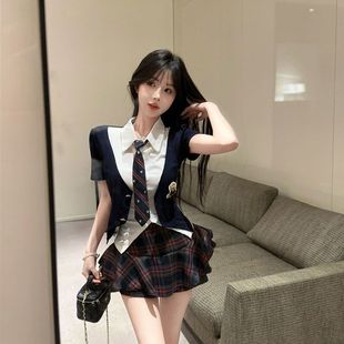 jk美式复古学院风套装夏季制服假两件短袖上衣格纹半身裙两件套女