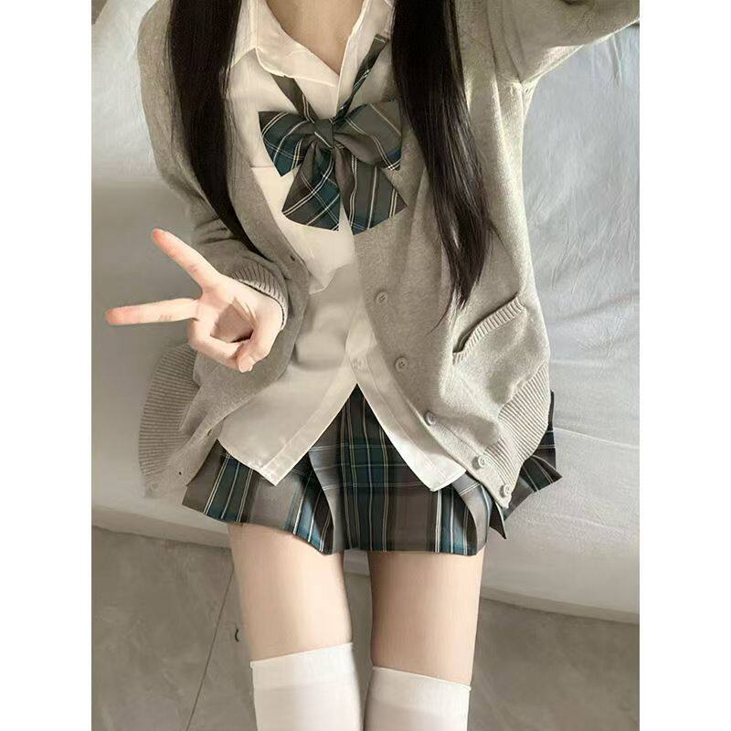 甜蜜酱原创jk制服正版秋冬毛衣格裙衬衫套装日系套头V领开衫新款