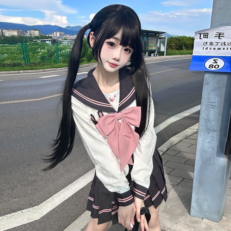 不眠岛【兔卜卜】原创jk水手服春夏可爱收腰制服刺绣短裙套装女