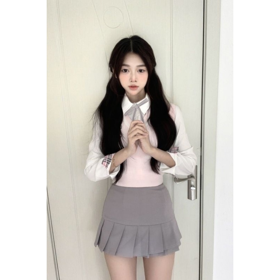2025秋冬新款甜美jk辣妹韩式学姐风制服粉色针织马甲学院风套装女