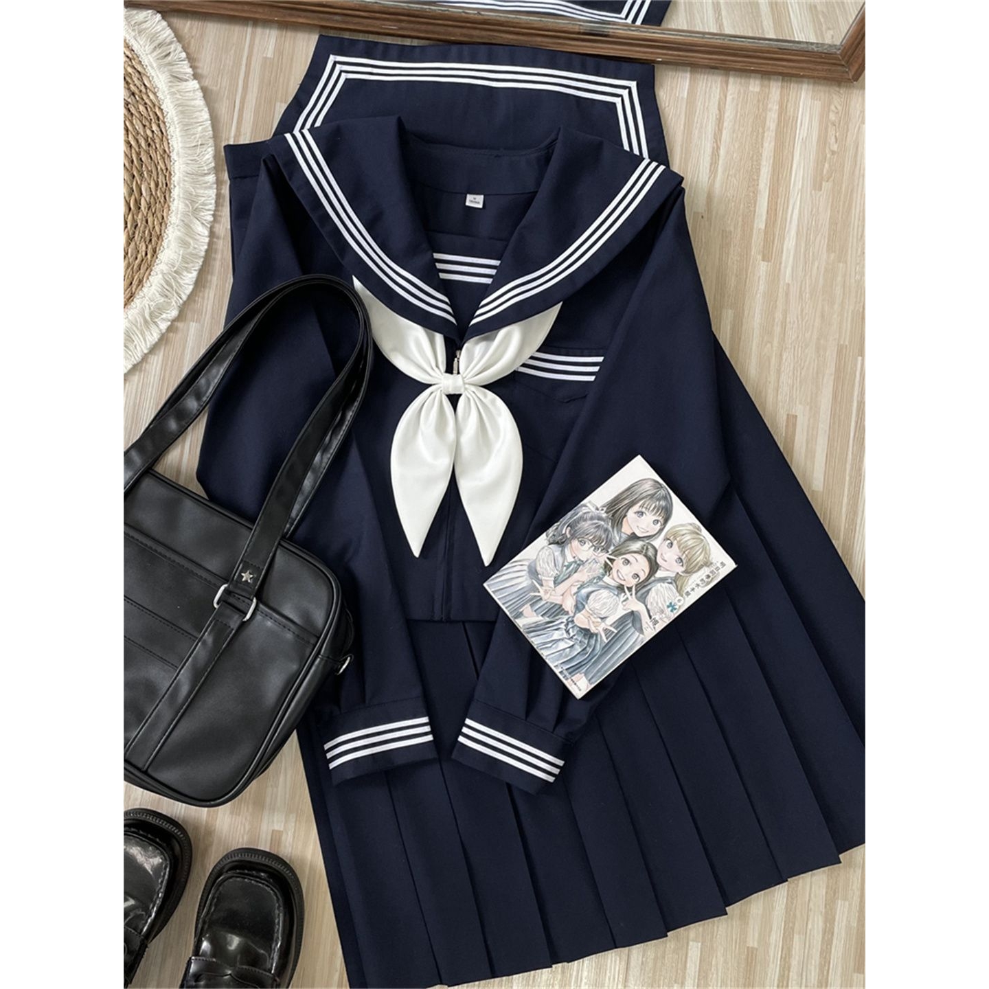 知半城日系正版jk基础款水手服绀色三本套装中长裙百搭学院风制服