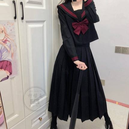正统原创基础款JK制服裙黑赤三本水手服日系长袖短袖学生套装JKS
