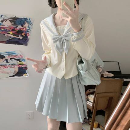 秋野眠【蓝风铃】日系学院风夏季校供水手服百褶裙收腰jk制服套装