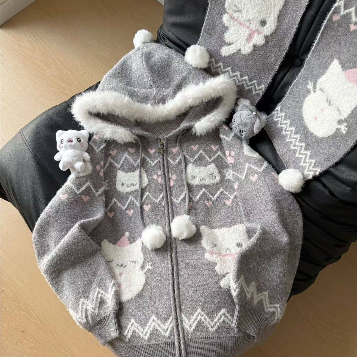 藏】小猫毛领粉色费尔岛秋冬开衫连帽外套学院毛衣宽松针织衫可爱