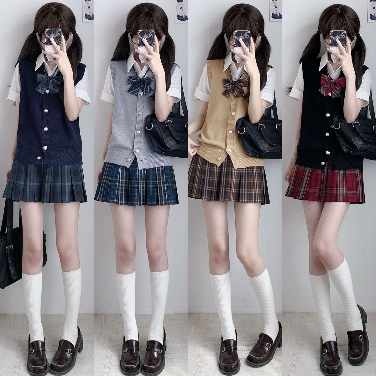空栗鼠丸jk马甲毛衣格裙衬衫长袖三件套jk制服百褶裙校供jk套装女