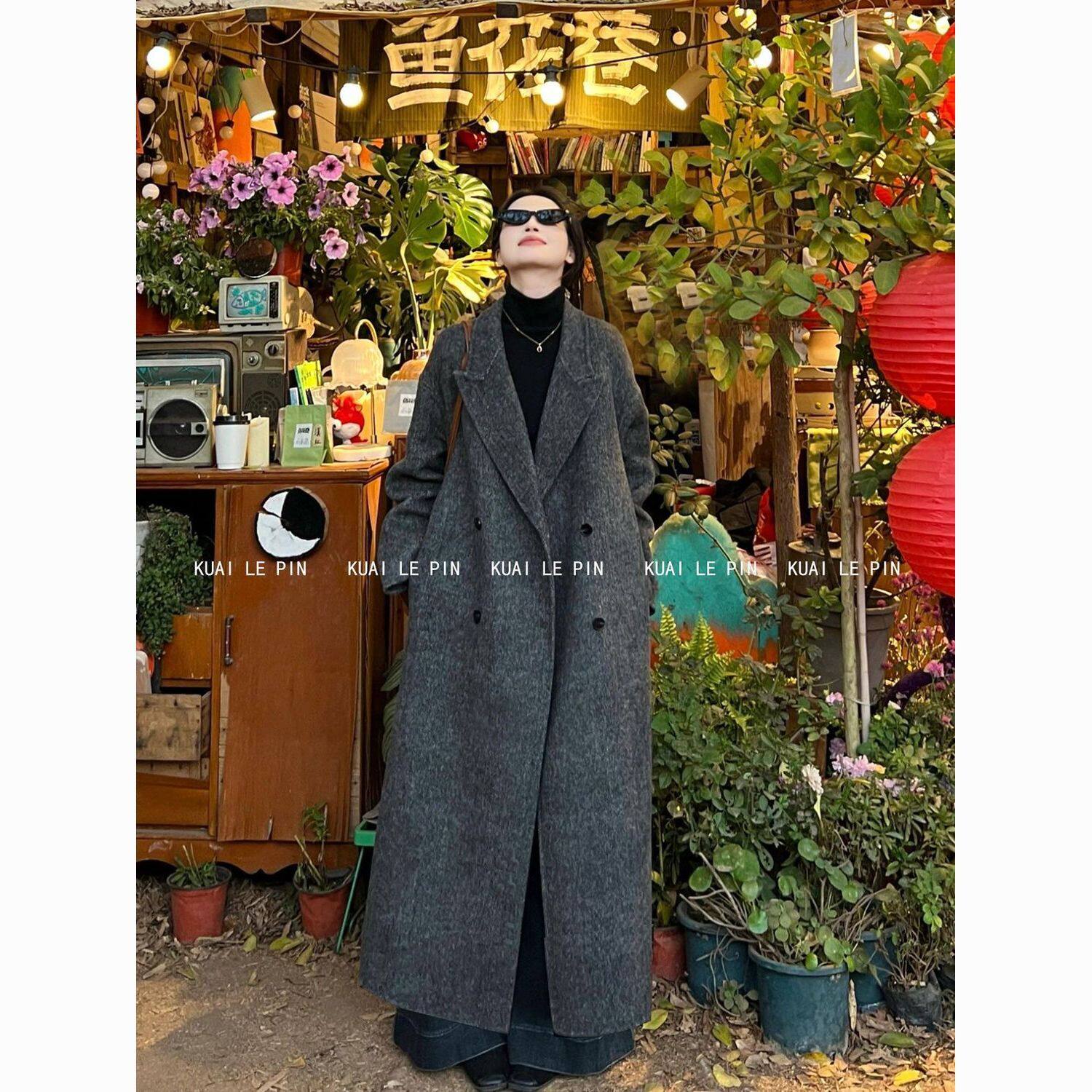 高个子黑灰色加长款双面羊绒大衣女超长版2026秋冬新款羊毛呢外套