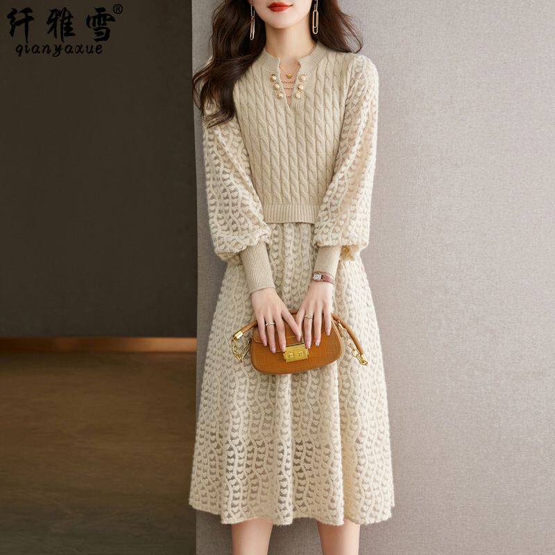 假两件针织连衣裙女中长款秋装打底裙新款秋季女装春秋毛衣裙子女