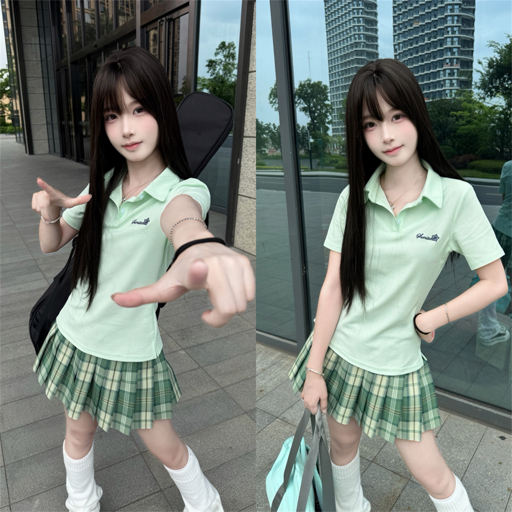 香草圆子JK原创POLO衫制服校供百搭夏季新品学院风收腰刺绣衬衫女