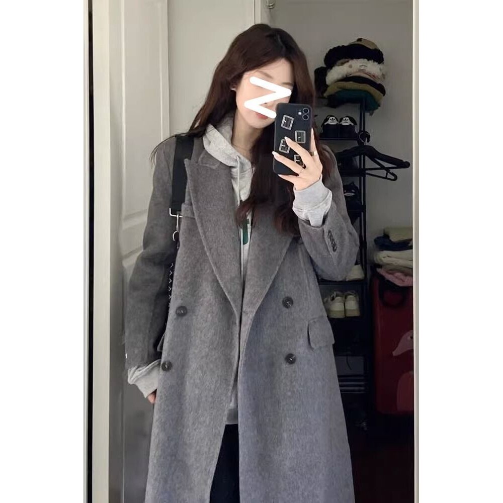 反季灰色呢子大衣女秋冬季毛呢外套高级感韩系小个子英伦风赫本风