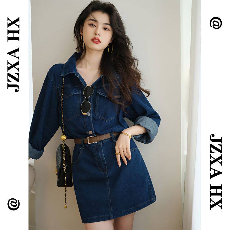 春秋2026新款胖mm收腰显瘦牛仔连衣裙小个子小香风长袖a字短裙女