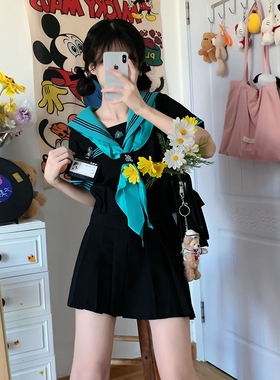 狐兔原创【川屿女子】黑短袖jk水手服日系学院风校供感制服中间服