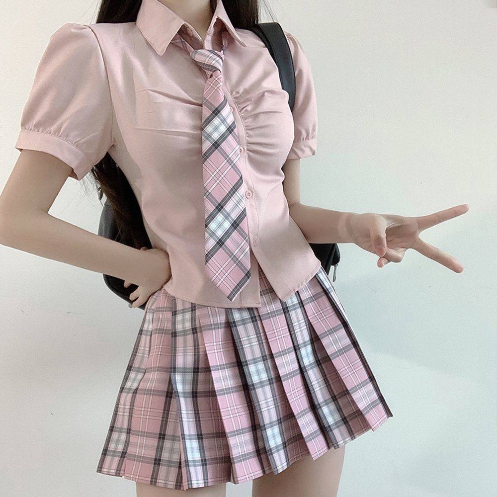 奶油兔JK制服原创收腰衬衫粉色短袖学院风日系辣妹泡泡袖格裙套装,模玩/动漫/周边/娃圈三坑/桌游,JK制服/DK制服/学生装cos,淘宝优惠券,粉丝福利购,淘宝优惠卷
