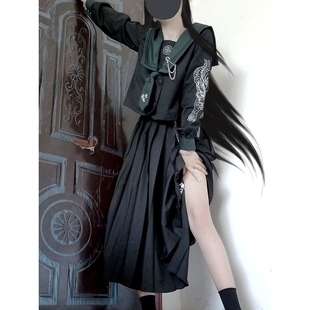 [墨玉麒麟]原创正版JK制服女生不良长短裙黑色套装长袖刺绣水手服
