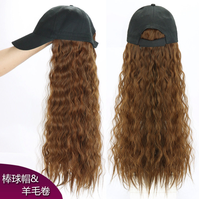 批发假发女长卷发63厘米网红羊毛卷时尚鸭舌帽女新式帽子假发一体