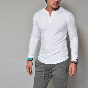Shirt Tee Long Shirts Fit Sleeve Tops Mens Neck Slim
