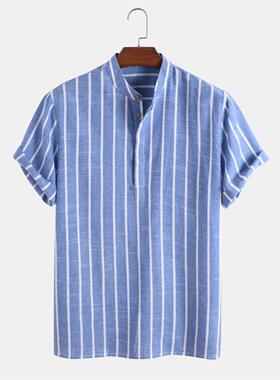 Mens Striped Loose Short Sleeve Casual Buttons Shirts Loose