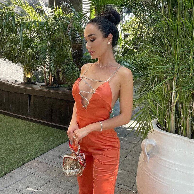 Sexy diamond backless jumpsuit欧美时尚钻带辣妹露背连体长裤女