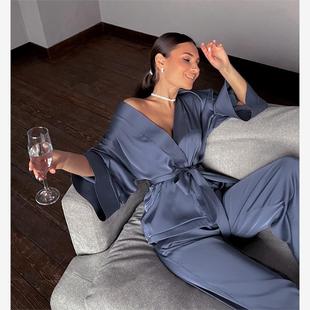 Sleepwear Loose Home Pants Satin Robe Sets Women Pajama