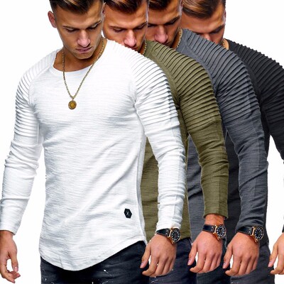 秋装纯色褶皱打底衫Round neck casual long sleeve T-shirt male